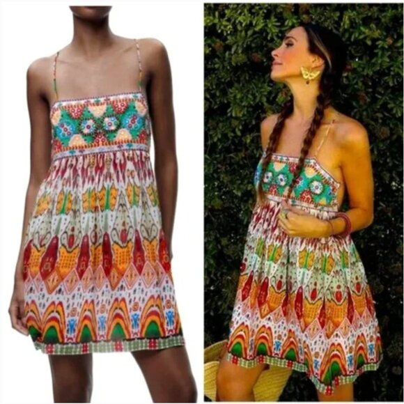 NWT Zara Strappy Back Boho Mini Dress Multicolor Embroidered Women's XS - Picture 2 of 14